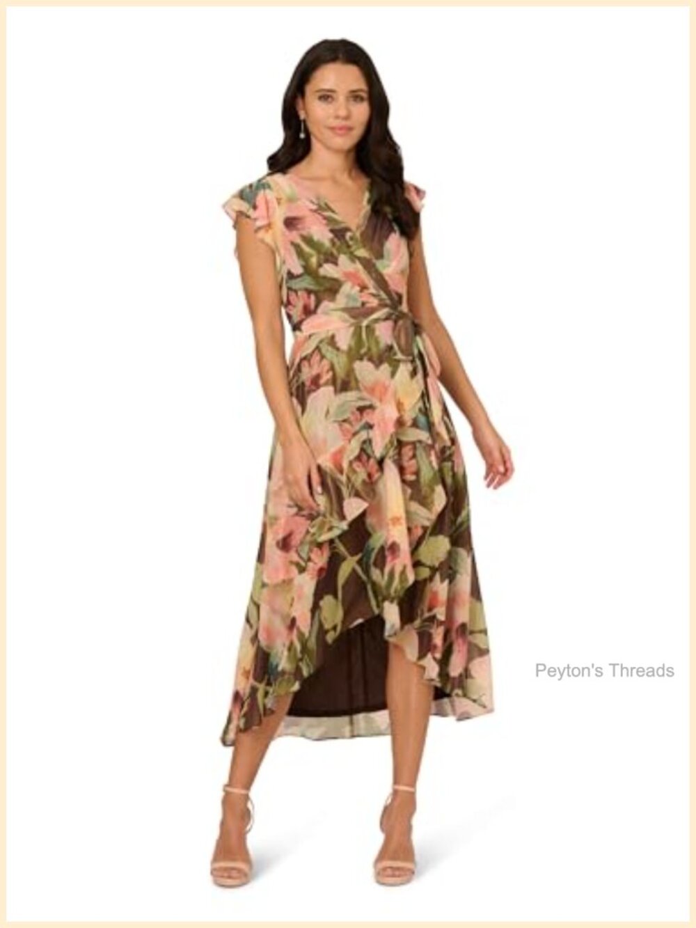 Floral Glazed Chiffon Hi-Low Midi Dress V-Neck Blouson Sleeves Cocktail